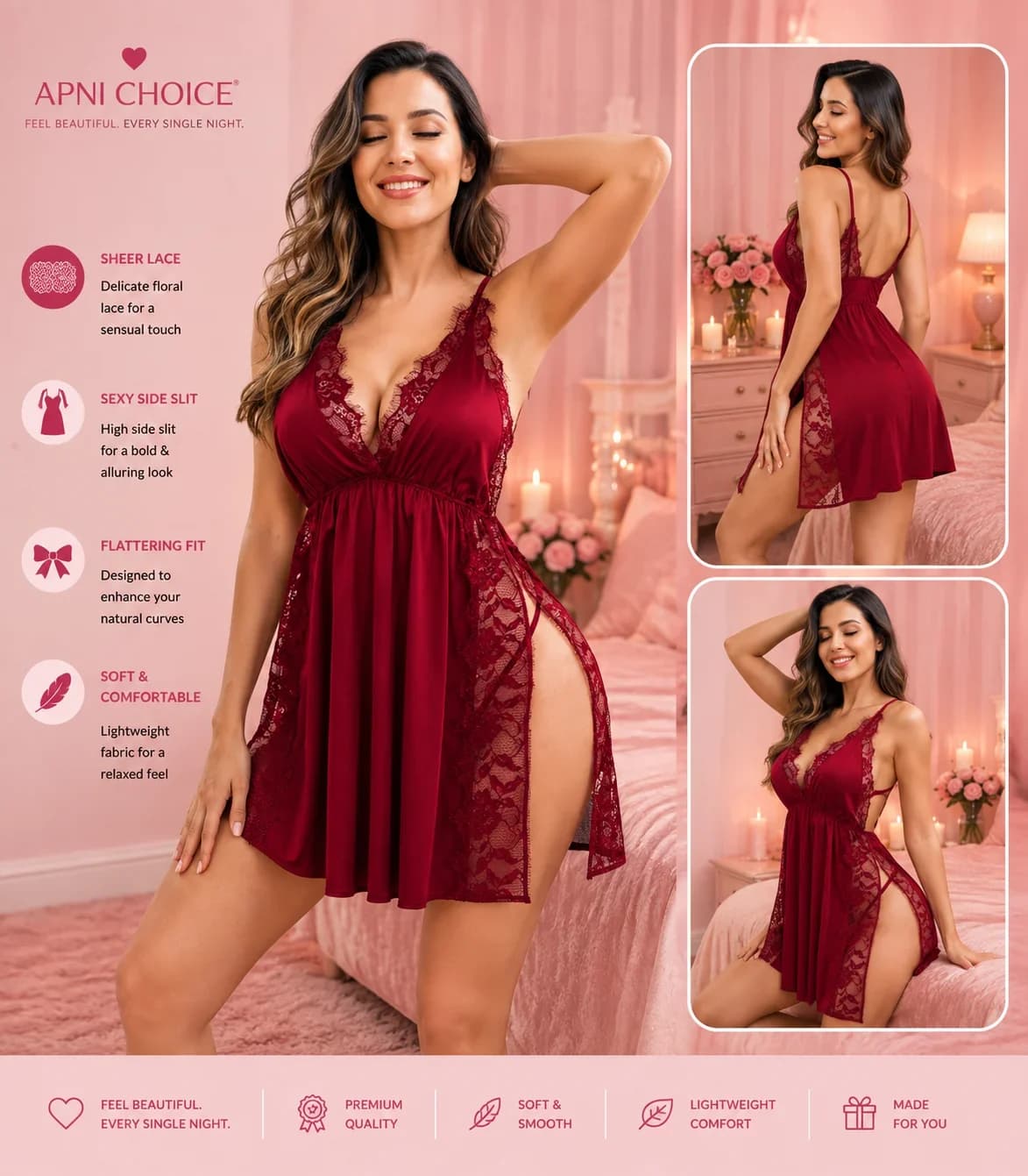 Women’s Red Satin Lace Trim Babydoll Nightdress